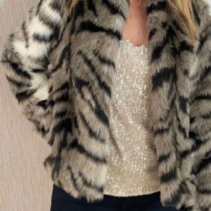 Black, Taupe & Cream Tiger faux Fur Jacket