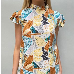 Frill Neck Blouse Abstract Brights