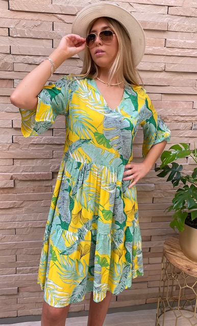 Ruffle Dress Yellow & Green front Ruffle Dress Yellow & Green front