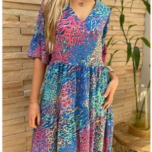 Ruffle Dress Blue & Pink Animal