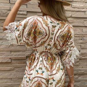 Ibiza Dress Cream & Tan with Embroidery